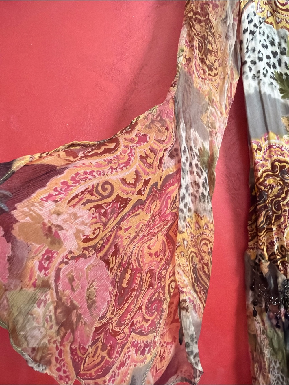 Multi-Color Floral Silk Wrap Tunic with Flowing Sleeves - Picture 3 of 8